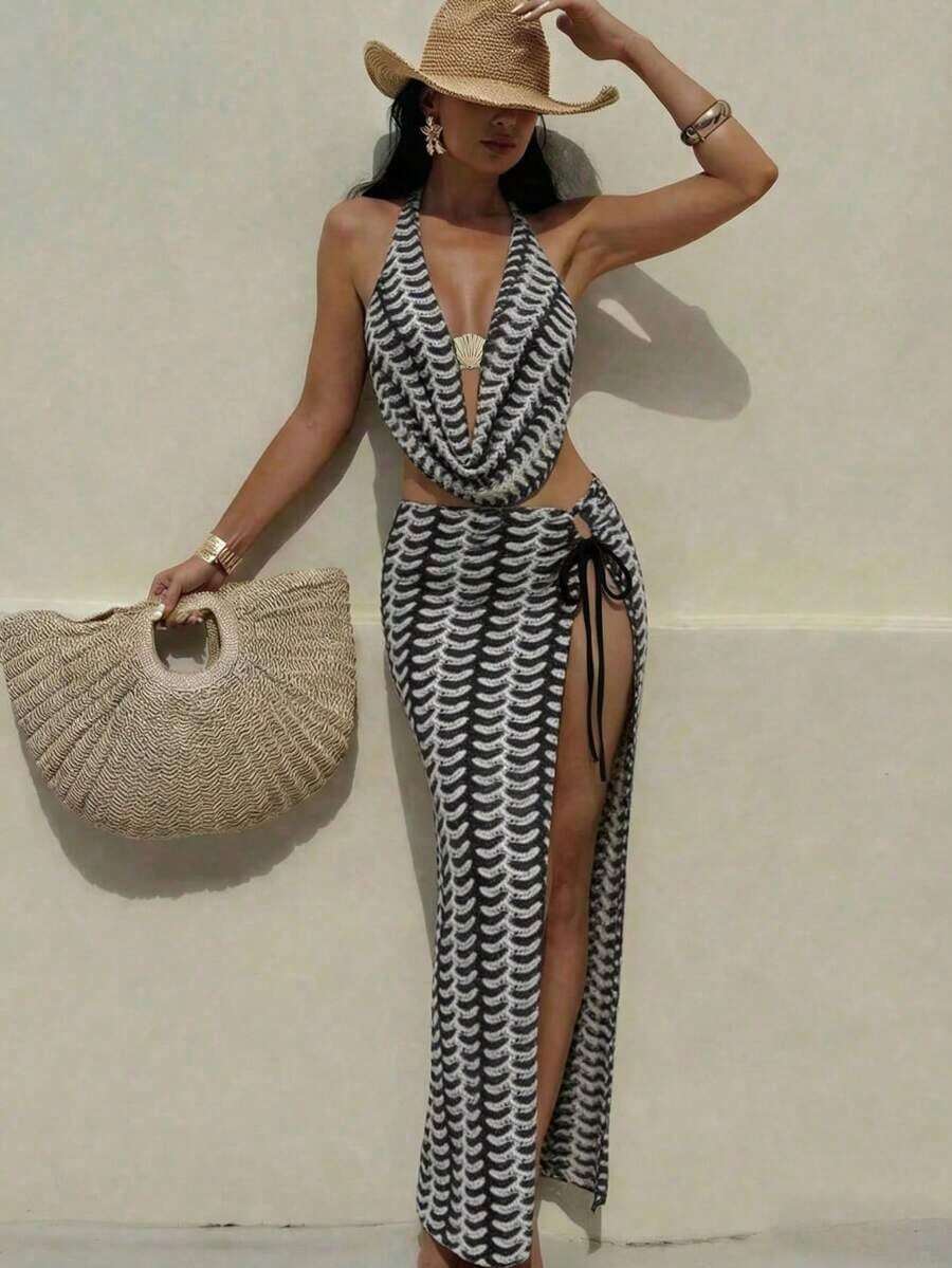 Swim Oasis Top con cuello de halter y pantalones con lazos laterales, traje de baño con lazos laterales y falda, todo en tela especial para vacaciones de verano en la playa para mujeres - Multicolor - Ver 1