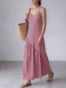 Vestido casual de mujer con tirantes finos y rayas - Rojo y blanco - Ver 6