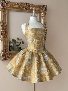 Vestido elegante, romántico y de moda de tela jacquard burdeos con escote halter, espalda descubierta y manga larga en corte evasé, adecuado para ceremonia de graduación, apertura de escuela, festival de música, fiesta de cumpleaños, boda, té de la tarde, baile de graduación - Albaricoque - Ver 6