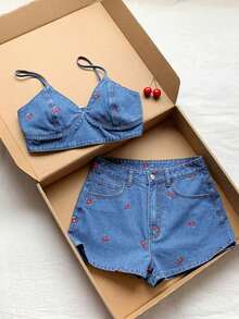 Conjunto de camiseta de tirantes con bordado de cerezas y shorts vaqueros informales para mujer, de verano - Lavado ligero - Ver 7