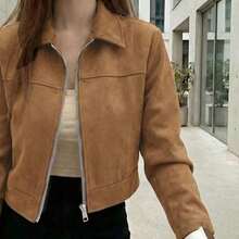 Chaqueta de mujer de unicolor con cuello vuelto y cremallera, de manga larga, adecuada para uso diario, escuela y aeropuerto, primavera/otoño, color negro - marrón amarillento - Ver 6