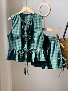 Set de 2 piezas de ropa de mujer con top tipo camiseta con cordones y shorts a cuadros, ideal para el Día de San Valentín - Multicolor - Ver 3