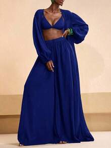Conjunto de kimono y pantalones palazzo elegantes y casuales para la playa, 2026 - azul real - Ver 5