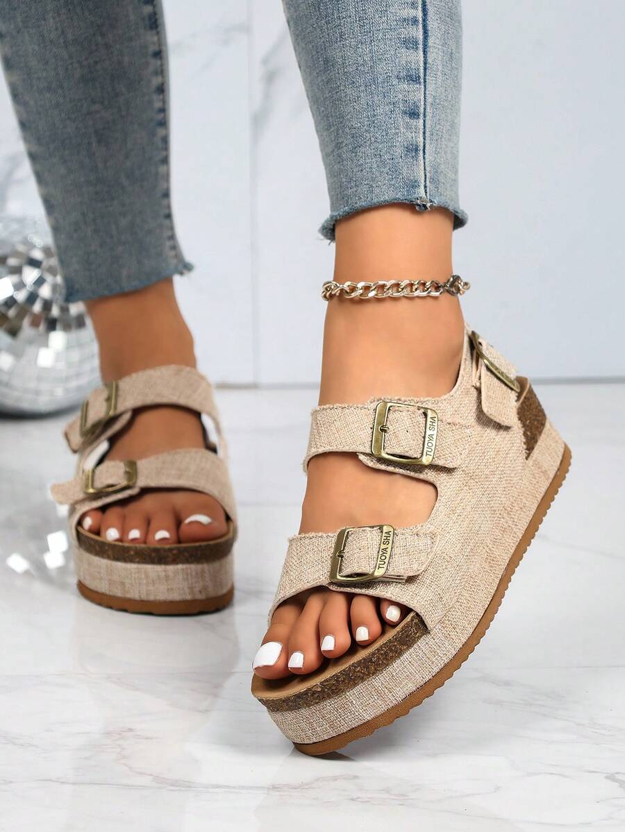 Adjustable Women's Woven Straw Pattern Sandals, Women's Double Strap Buckle Backstrap Open Toe Thick Bottom Casual Shoes, Platform Thick Bottom Sandals, Summer Holiday Style