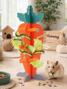 1 Set Carrot Shaped Wooden Pet Food Dispenser, Suitable For Rabbits/Guinea Pigs/Hamsters/Cats, Decorative Pet Feeder, Interactive Feeding Station For Vegetables/Hay/Leaves, Detachable Vegetable Rack, Small Animal Feeding Supplies, Great Gift For Pet Owners - D - View 3