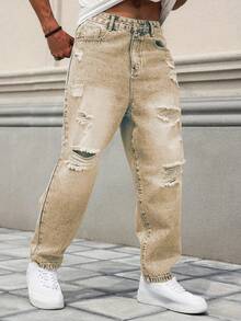 Men's Loose Comfortable Versatile Relaxed Fit Distressed Straight Leg Jeans, Fashionable For Spring & Autumn - Khaki - View 4