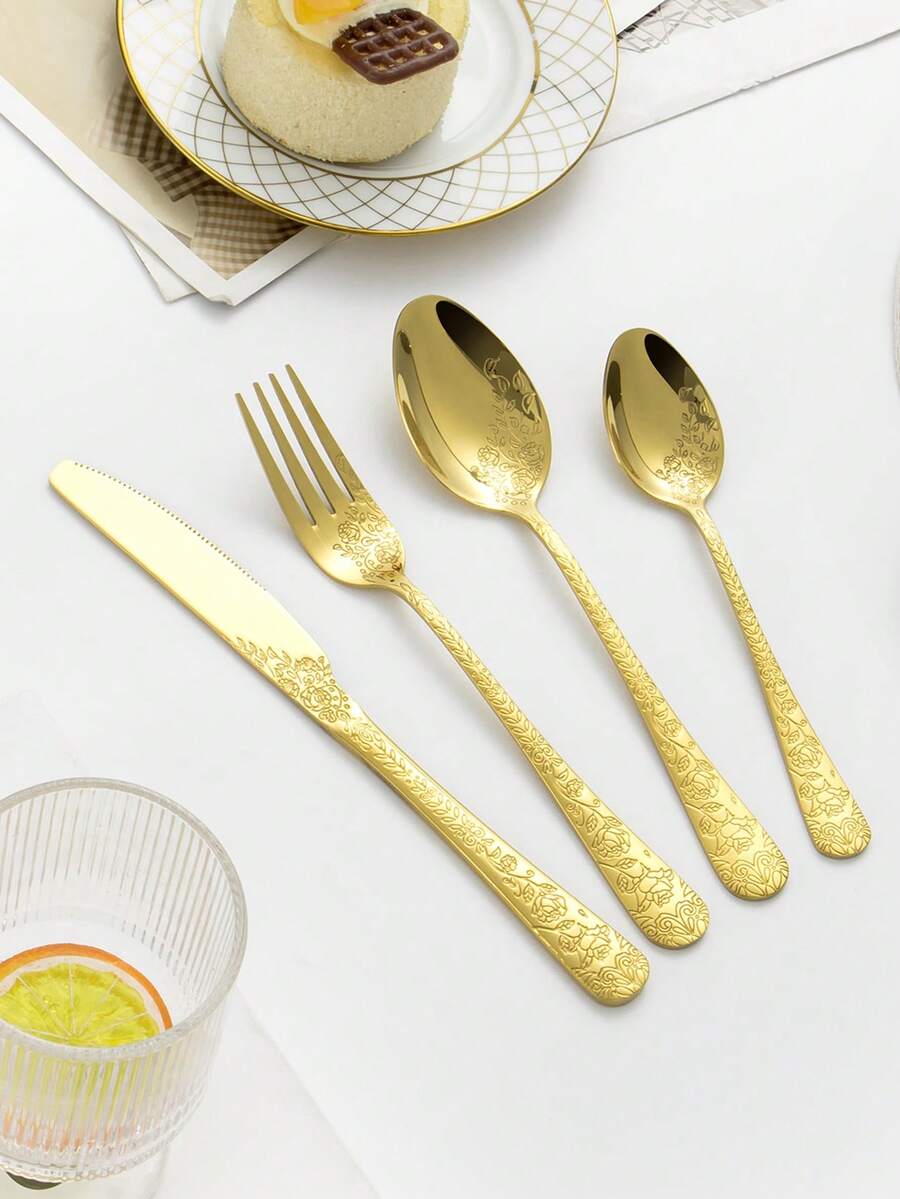 4/16/24pcs Stainless Steel Cutlery Set, Dinner Knife, Dinner Spoon, Dinner Fork, Dessert Spoon, Suitable For Kitchen, Dining Room, Buffet, Hotel, Wedding Party, Engraved Handle Design - Gold - View 1
