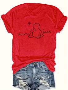 Mexican Plus Size - Plus Size - Women's Summer Short Sleeve T-Shirt With Mama Bear And Cub Print, Fashionable Casual Printed T-Shirt, Stylish Women's Clothing, Fashionable Summer Cotton T-Shirt - 紅色 - 查看 6
