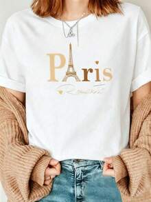Women's Casual Parisian Romantic Graphic T-Shirt, Black Short Sleeve Drop Shoulder Crew Neck Top, Light Stretch Knit Fabric AGAD - 白色 - 查看 7