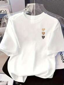 Camisetas de manga corta de talla grande para mujer, ideales para el verano, tops básicos para el día a día, camiseta estampada de manga corta con diseños en la parte delantera y trasera - Corazón, en forma de corazón - Camiseta estampada de primavera/verano para mujer, artículo de moda, versátil y casual, transpirable y cómoda. - Blanco - Ver 3