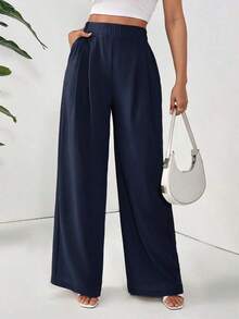 Pantalones holgados básicos casuales de cintura alta de unicolor, plisados y de pierna ancha para mujer - Azul marino - Ver 6