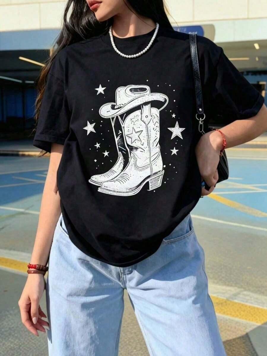 Women's Fashionable Pink Cowboy Boots Short-Sleeve Oversized Printed T-Shirt Round Neck 100% Cotton Soft Fabric Short Sleeve Breathable And Cool 100% Cotton - 黑色 - 查看 1