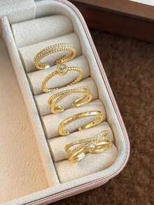 5pcs Elegant Cubic Zirconia Cross Open Copper Ring Set Suitable For Women Party Wear (Gift Box Not Included) - Yellow Gold - View 11