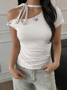 SCARLUX 秋季 Y2K 女款基礎白色波點掛脖綁帶露肩短袖上衣，修身 T-shirt，適合返校季日常街頭穿搭 - 白色 - 查看 6