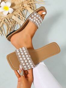 Ximi Ruo New Spring/Summer Fashion Casual Strap Slide Sandals, Comfortable Flat Heel Round Toe Slip-On Beach Slippers, Versatile Decorative Flat Sandals For Summer - Apricot - View 5