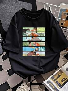 Colorful Scenes Depicting The Friendship Between A Child And Jungle Animals Symbolizing A Connection To Nature And Inner Harmony. Soft And Comfortable Women's T-Shirt, Ideal For Casual Everyday Wear. - 黑色 - 查看 2