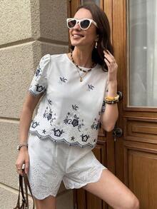 Blusa Corta Bordada Casual para Mujer, Camisas Campestres de Primavera/Verano para Mujer, Ropa de Verano para Vacaciones Campestres - Blanco 2 - Ver 3