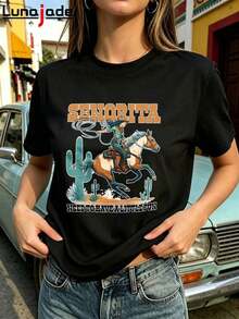 Lunajade Women's Pure Cotton T-Shirt, Western Denim Print T-Shirt "Need To Have A Little Fun" For Women, Y2K Aesthetic, Loose Short Sleeve - 黑色 - 查看 7