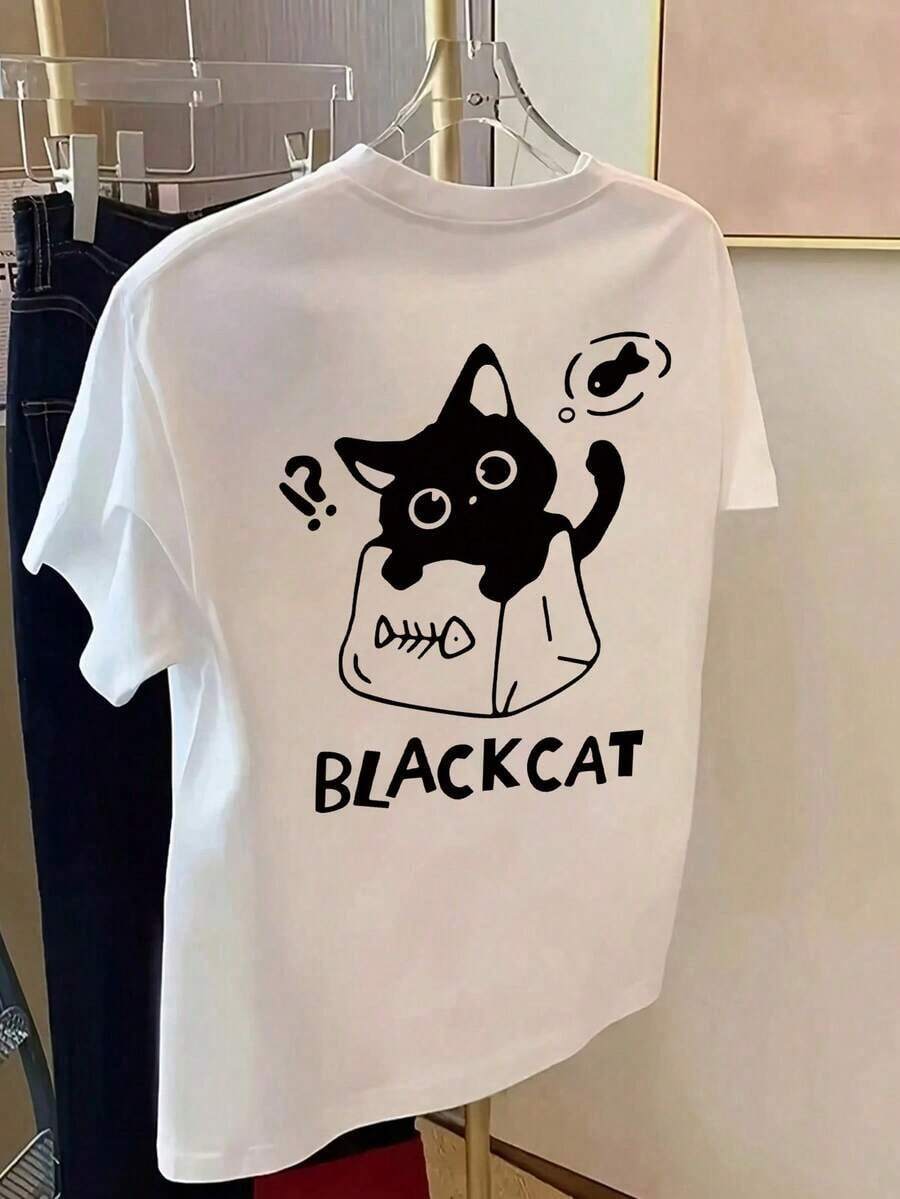 Women's Custom Cartoon Print Mid-Length Short Sleeve T-Shirt, Stylish Graphic Tee, Casual Black Vintage Summer Street Style Loose Fit Cotton Crew Neck T-Shirt. - 白色 - 查看 1