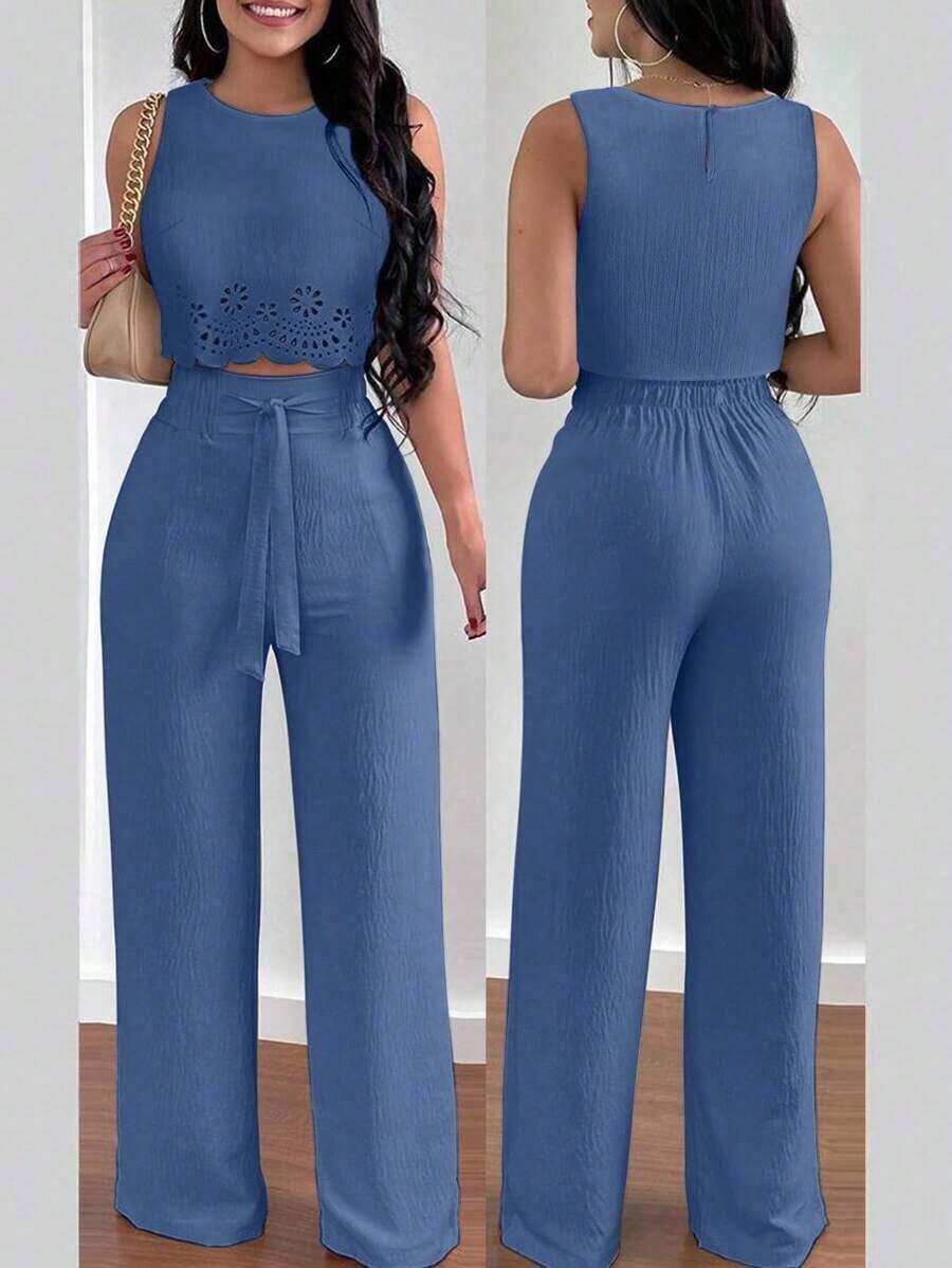 Conjunto de 2 piezas para mujer compuesto por top de tirantes escote en V elegante y pantalones rectos, diseño con lazo hueco - Azul - Ver 1