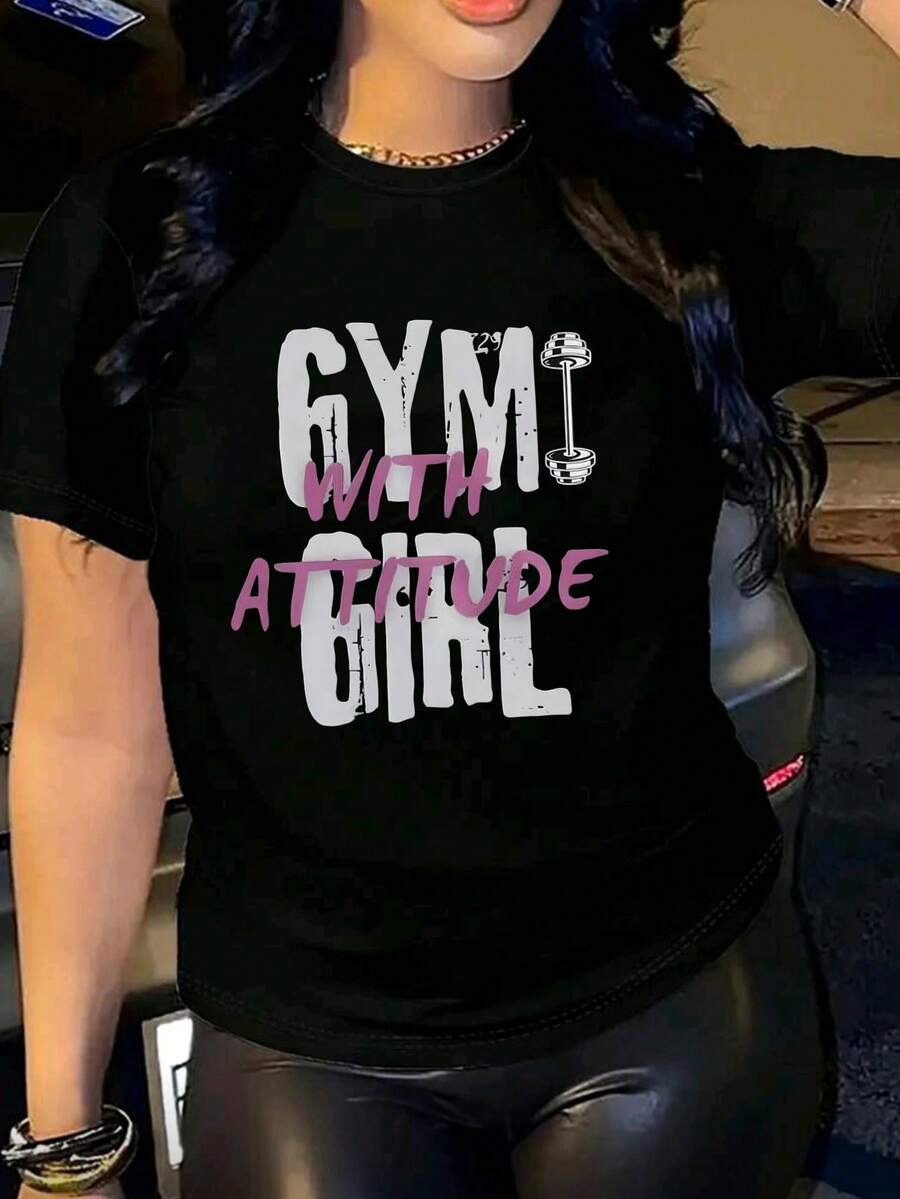 Playera Fitness para Mujer - Diseño "Gym Girl with Attitude" en Tonos Blanco y Rosa - Negro - Ver 1