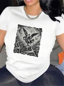 Camiseta de manga corta para mujer con estampado gráfico de ángel y pájaros, hecha de tela de poliéster duradera, ligera y cómoda, perfecta para uso casual en casa, cafetería o actividades al aire libre - Negro - Ver 1