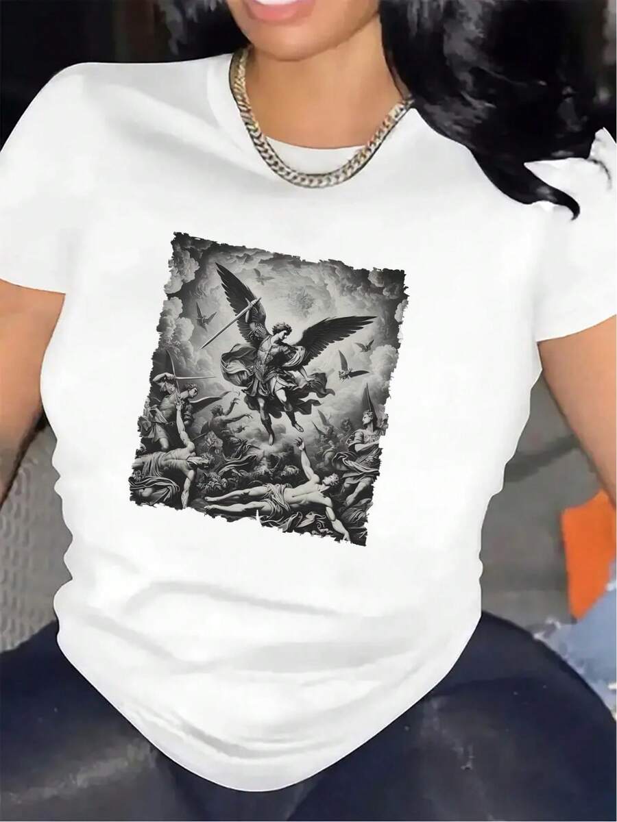 Camiseta de manga corta para mujer con estampado gráfico de ángel y pájaros, hecha de tela de poliéster duradera, ligera y cómoda, perfecta para uso casual en casa, cafetería o actividades al aire libre - Negro - Ver 1