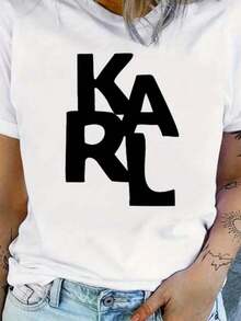 Solt KARL Women's T-Shirt With Letter Print, Short Sleeve, Summer Urban Style, Y2k Top, Versatile Fashion With Graphic Design - 白色的 - 查看 7