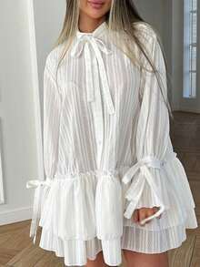 Vestido corto francés 2026, cuello alto con lazos, manga larga con volantes, estilo elegante - Blanco - Ver 2