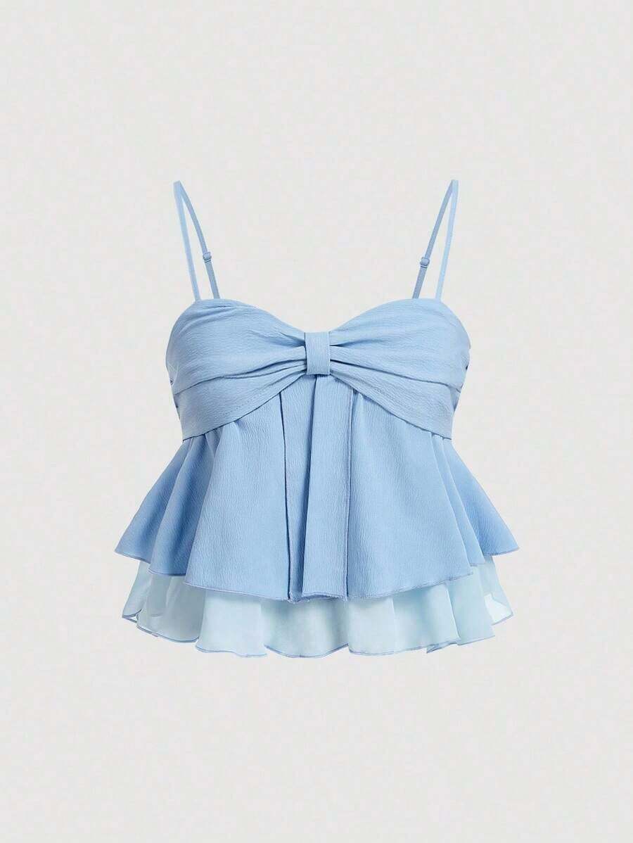 Top de tirantes con volantes y pliegues de color rosa dulce para mujer, top corto de verano - Azul - Ver 1