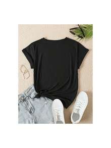 Camiseta casual de mujer con bolsillo y estampado de rayas de leopardo con corazón - Negro - Ver 4