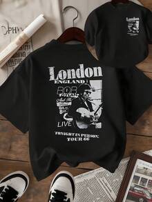 Guitar In Concert With London Lettering Evoking Nights Of Live Music And Urban Energy For Free Spirits, Women's T-Shirt, Double-Sided Print, Casual, Modern - 黑色 - 查看 1