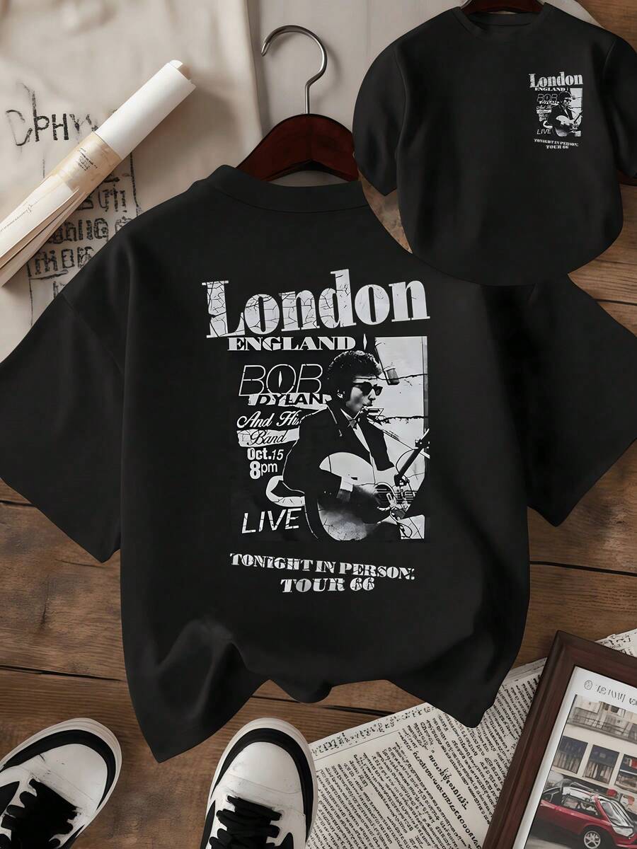 Guitar In Concert With London Lettering Evoking Nights Of Live Music And Urban Energy For Free Spirits, Women's T-Shirt, Double-Sided Print, Casual, Modern - 黑色 - 查看 1