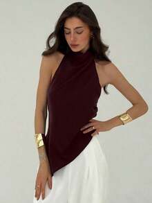 Blusa de mujer de unicolor con cuello halter, pliegues y bajo asimétrico - Rojo 2 - Ver 7