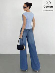 Blusa de mujer de cuello en V a rayas, versátil para uso diario, atuendos casuales de mujer, atuendos de verano de mujer, blusas casuales para mujer, blusas de mujer para el verano, blusa de cuello en V a rayas - Azul y blanco - Ver 2