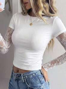 1 pieza Camiseta de mujer con cuello redondo lisa, de ajuste ceñido y manga corta, simple y de moda, adecuada para el verano - Blanco 4 - Ver 5
