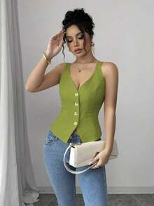 Camiseta sin mangas de un solo pecho de unicolor casual para mujer - Verde Oliva - Ver 7