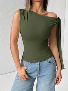 Top de hombro asimétrico con tirantes de atar de unicolor para mujer - Verde militar - Ver 3