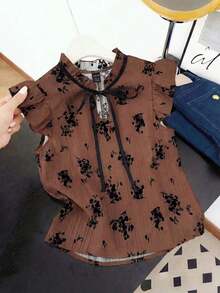 Blusa de manga corta con lazo y estampado de colores contrastantes para mujer - Multicolor - Ver 1