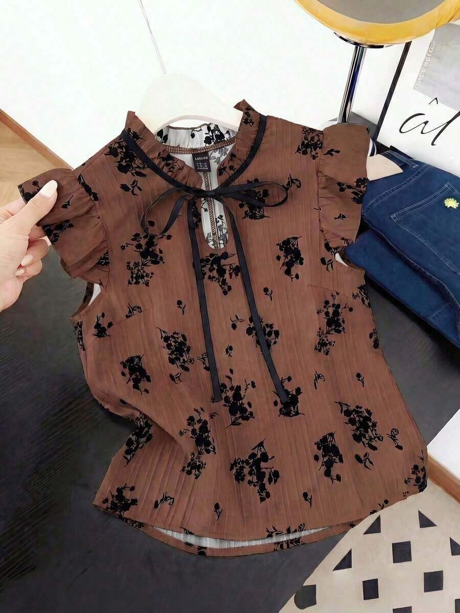 Blusa de manga corta con lazo y estampado de colores contrastantes para mujer - Multicolor - Ver 1