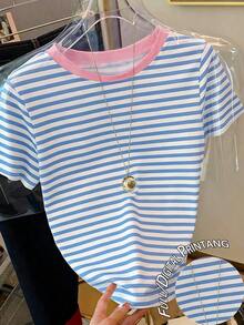 Camiseta de manga corta de cuello redondo a rayas para mujer, de uso versátil y casual para el día a día - Multicolor - Ver 5