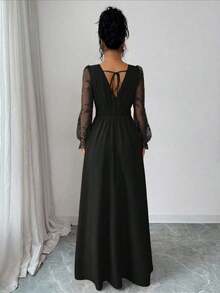 Vestido elegante de mujer con cuello en V profundo, parche de encaje, manga larga y abertura alta, adecuado para graduación, vacaciones, Día de San Valentín, festivales de música, Día de la Madre, Acción de Gracias, Pascua, Día Nacional, bailes, citas, fiestas, bodas, actividades al aire libre, primavera/verano - Negro - Ver 2
