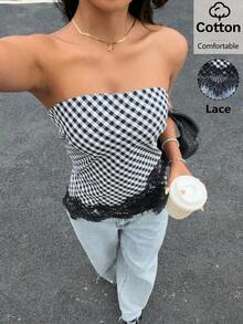 Top bandeau de satén mate con ribete de encaje, de moda casual de verano para playa y resort para mujer - Blanco y Negro - Ver 5