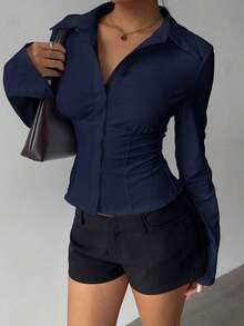 AYYAloruh Camisa de mujer de manga corta con pliegues en la cintura, de color blanco sólido y elegante, versátil, adecuada para ir al trabajo, uso diario, primavera/veranoAYY - Azul marino - Ver 9