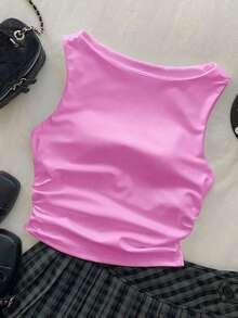 Camiseta acolchada simple de verano/primavera de color sólido - Rosa - Ver 3