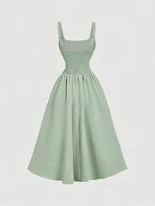 Vestido elegante de longitud media sin mangas con diseño de cintura plisada y unicolor para mujer - Verde pastel - Ver 6