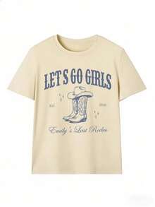 Camiseta de manga corta para mujer con cuello redondo, corte holgado, con estampado de botas y sombrero de vaquero, texto "LET'S GO GIRLS Emily's Last Rodeo" y detalles decorativos, apta para despedidas de soltera, fiestas, eventos temáticos, reuniones informales y vacaciones, fabricada en poliéster, de estilo casual western juvenil, ideal para usar en primavera y verano. Envío nacional dentro del país. - Albaricoque - Ver 3
