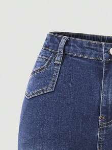 Explorewe Jeans de mezclilla estilo Y2K versátiles lavados y desgastados con pierna acampanada y elásticos para niñas adolescentes - Azul lavado oscuro 2 - Ver 5
