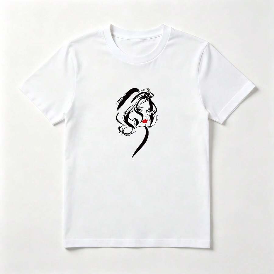 Playera Algodón Mujer Retrato Femenino - Estampado Artístico Elegante - Blanco - Ver 1