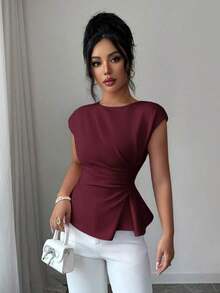 Conjunto de primavera para mujer para exteriores, adecuado para Año Nuevo, Día de San Valentín, Pascua, Día de la Madre, fiesta de Oriente Medio, boda, elegante vacación romántica francesa, lugar de trabajo, blusa sin mangas con cintura ceñida y v - Burdeos - Ver 3